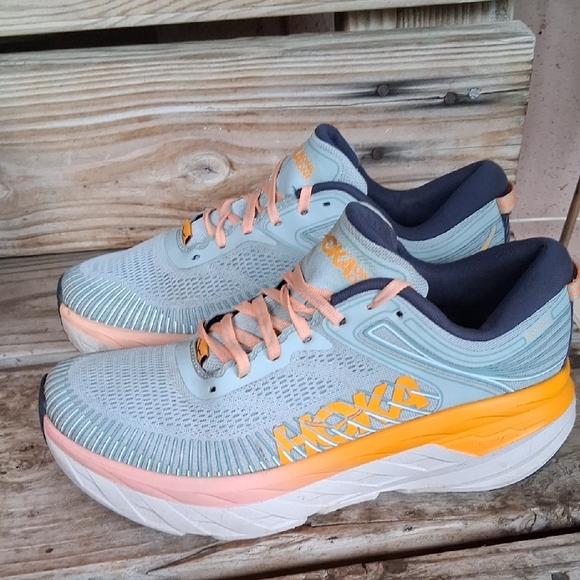 Hoka Bondi 7 Women's Blue and Orange Athletic Shoes - Picture 5 of 15